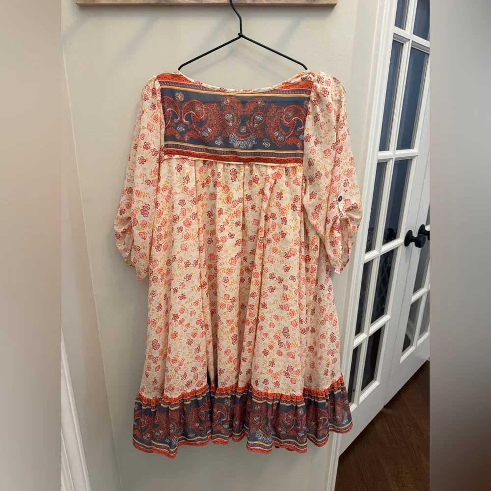 Free People Peach Floral Boho Midi Dress with Red and Navy Trim